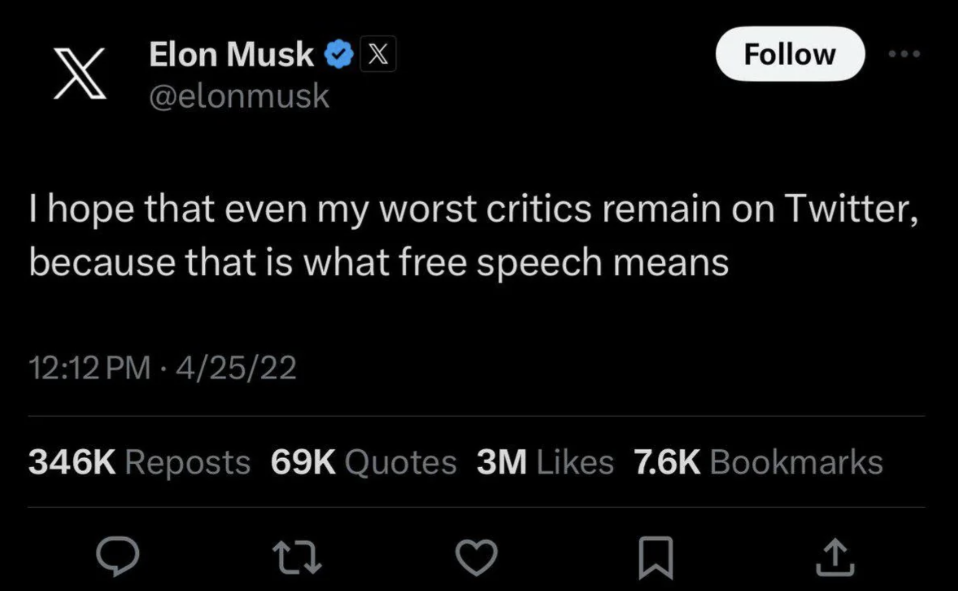 screenshot - X Elon Musk X I hope that even my worst critics remain on Twitter, because that is what free speech means 425 Reposts 69K Quotes 3M Bookmarks 27
